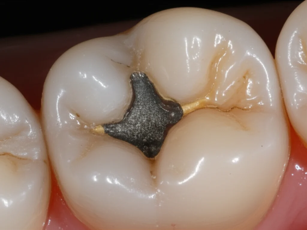 Fotografia macro di un dente con una carie evidente su sfondo scuro, illuminazione laterale controllata per evidenziare la texture dello smalto e la cavità scura della carie, lente macro 90mm, alta definizione, che simboleggia il problema della carie dentale e la necessità di intervento.