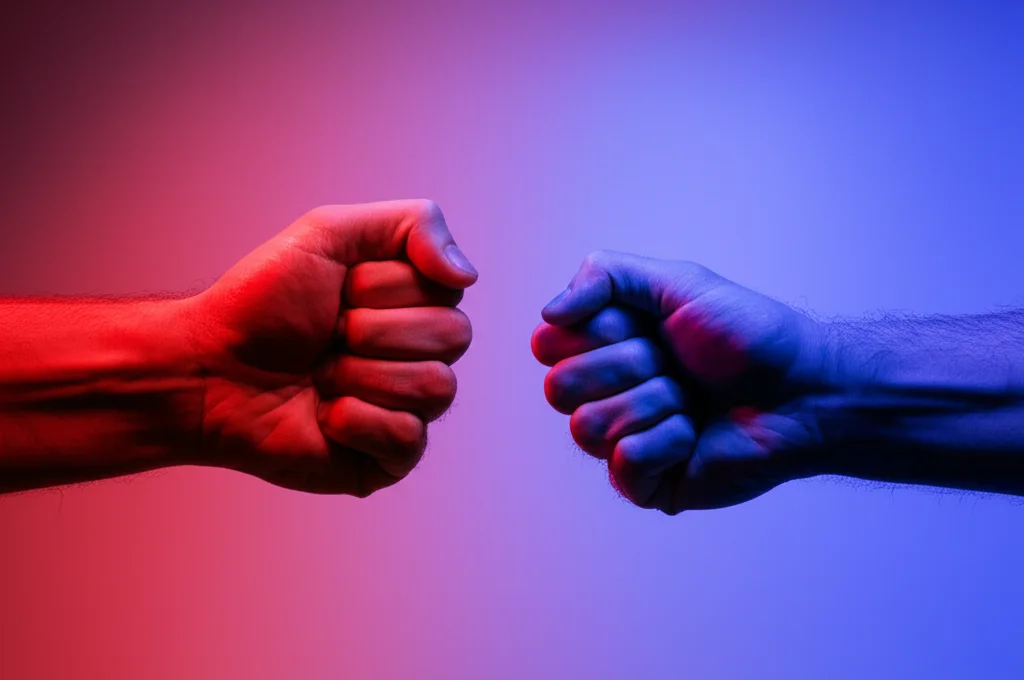 Abstract representation of conflicting forces or rules in a system, maybe two hands pulling apart, 35mm portrait style, sharp depth of field, in contrasting blue and red duotones, symbolizing the tension between efficiency, incentives, and fairness, 35mm portrait, Depth of field, duotone (blue and red)