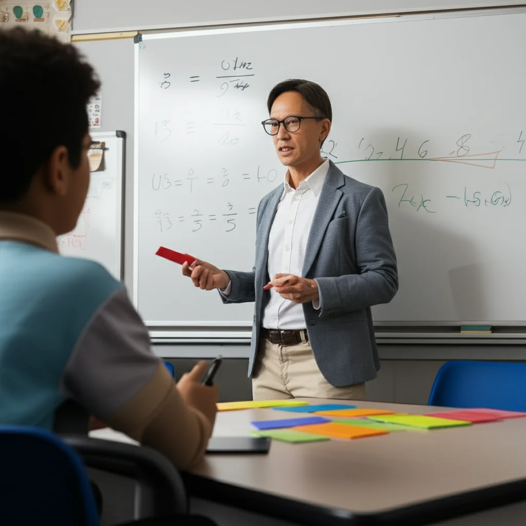 A math teacher patiently explaining fractions to a student using physical fraction tiles and a number line on a whiteboard. 35mm portrait lens, depth of field, high detail, controlled lighting.