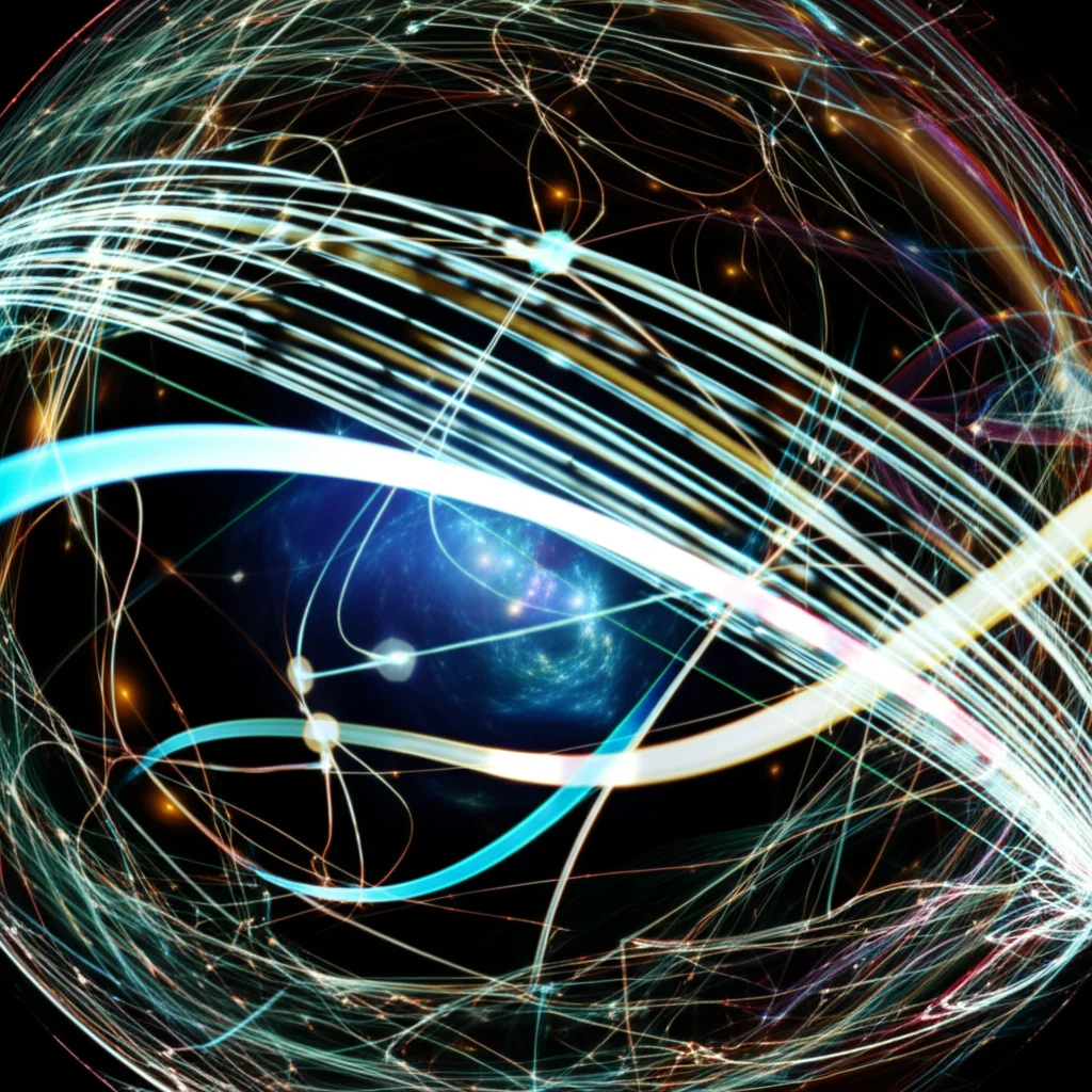 An abstract visualization representing the complex interplay of research findings, teacher knowledge, and student learning in mathematics education, using interconnected nodes and data streams. Wide-angle lens, 10mm, sharp focus, long exposure.