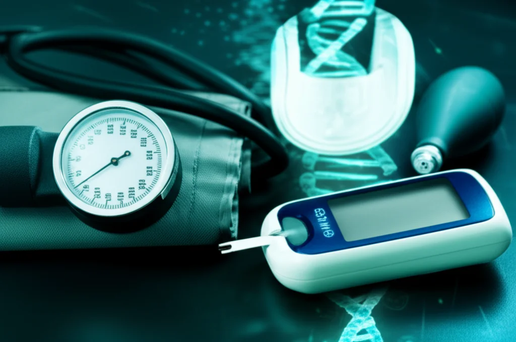 Still life image showing medical symbols like blood pressure cuff, glucose meter, and abstract genetic code representation, 60mm macro lens, high detail, precise focusing, controlled lighting.