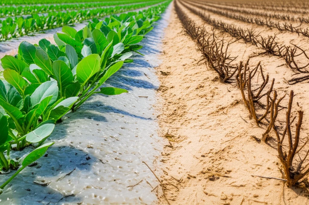 Wide-angle landscape photo of healthy green plants growing in sandy soil amended with hydrogel, contrasted with dry, struggling plants in untreated sandy soil nearby, 24mm wide-angle lens, high detail.