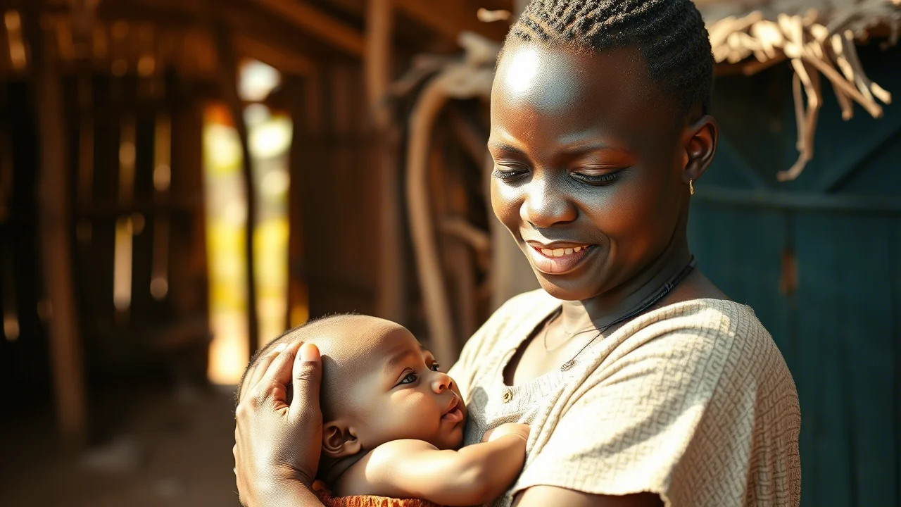 Fotografia realistica di una madre africana che tiene amorevolmente in braccio il suo bambino in un villaggio rurale del Ghana. La luce del sole filtra tra le capanne, illuminando i loro volti. Obiettivo prime 50mm, profondità di campo ridotta per enfatizzare l'intimità della scena, toni caldi.