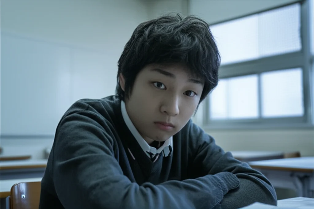 A young person looking weary, sitting alone at a school desk, 35mm portrait lens, depth of field, subtle blue and grey duotones, representing the daily struggle with fatigue in an educational setting.