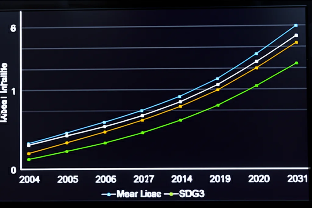Immagine macro ad alta definizione di un grafico a linee proiettato su uno schermo di computer. Il grafico mostra quattro linee colorate (una per Ghana, Niger, Nigeria, Sierra Leone) che rappresentano le previsioni della mortalità infantile fino al 2031. La linea del Ghana si avvicina all'obiettivo SDG3, mentre le altre rimangono alte. Illuminazione controllata da ufficio, messa a fuoco precisa sulle linee del grafico e sull'anno 2030, obiettivo macro 100mm.