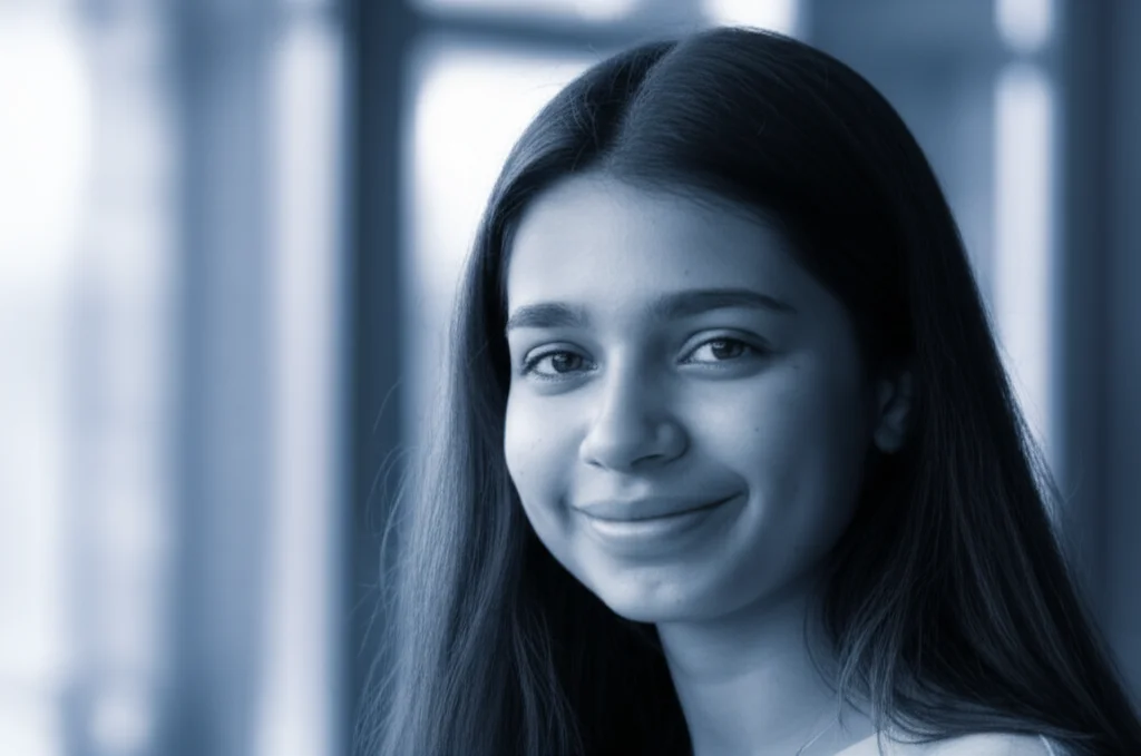 Ritratto fotografico di un'adolescente che sorride serenamente mentre guarda fuori da una finestra, luce naturale morbida che illumina il viso, profondità di campo ridotta, obiettivo 35mm, toni duotone blu e grigio.