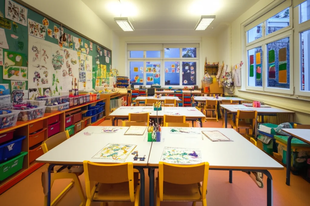 Fotografia grandangolare di un'aula scolastica luminosa e colorata, con disegni appesi alle pareti e materiali artistici sui banchi, luce naturale abbondante, obiettivo 24mm, messa a fuoco nitida su tutta la scena.
