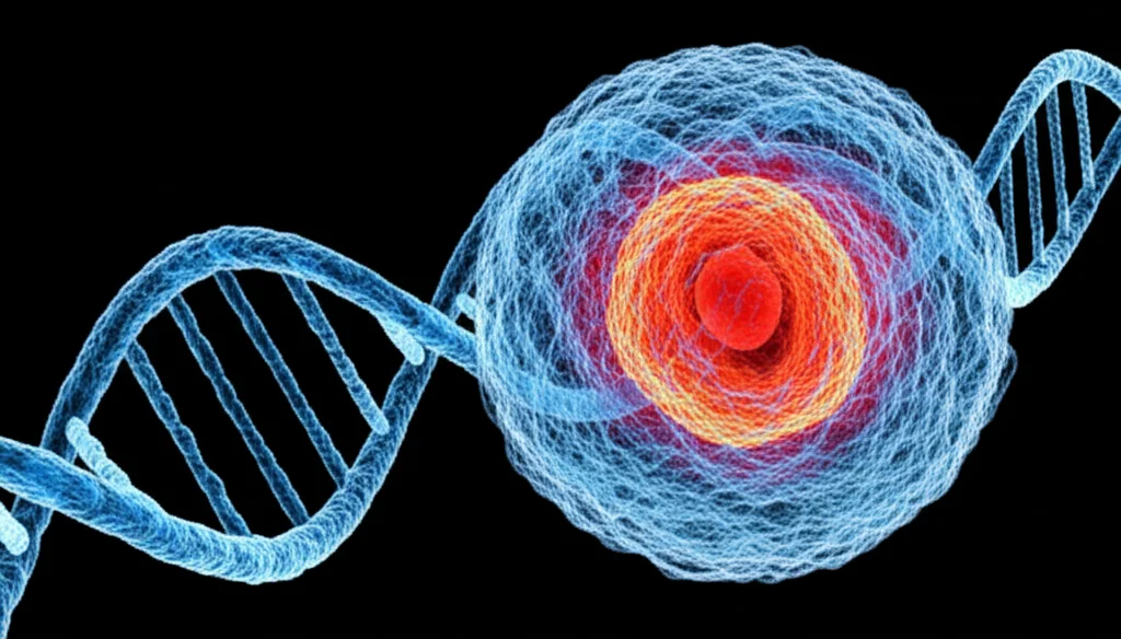 Primo piano macro di una cellula tiroidea stilizzata con filamenti di DNA luminosi sovrapposti, obiettivo macro 90mm, illuminazione controllata e dettagli elevati, a simboleggiare l'analisi genetica nel cancro.