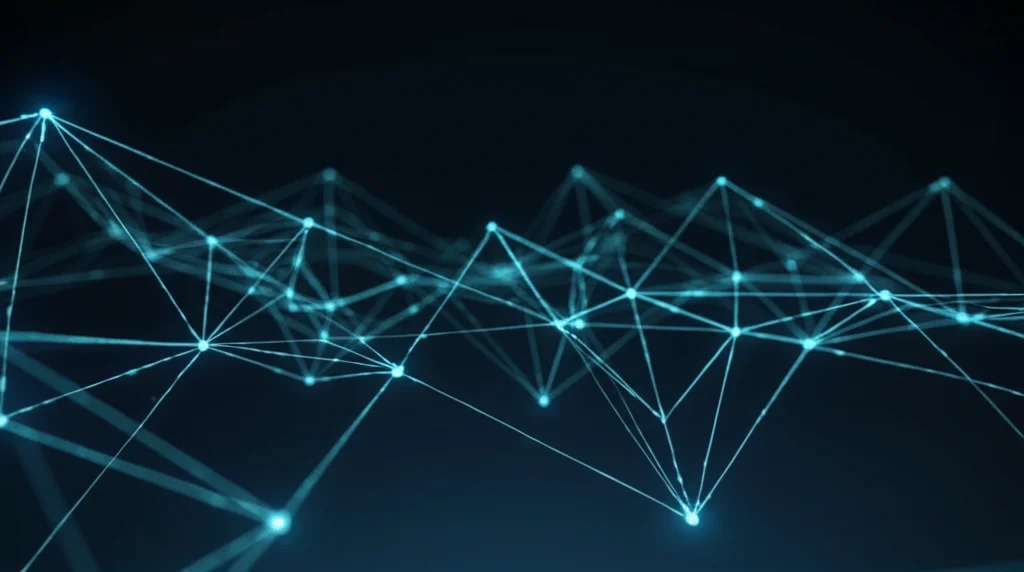 Visualizzazione astratta di reti neurali e flussi di dati digitali su uno sfondo scuro, con nodi luminosi che rappresentano i geni selezionati (AC007494.3, AC019226.2), stile futuristico high-tech, lunga esposizione per scie luminose, a simboleggiare l'analisi tramite machine learning.