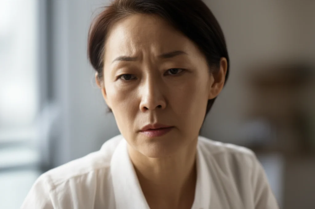 Portrait of a middle-aged Korean woman, 35mm portrait, depth of field, soft lighting, expressing a sense of worry or stress.