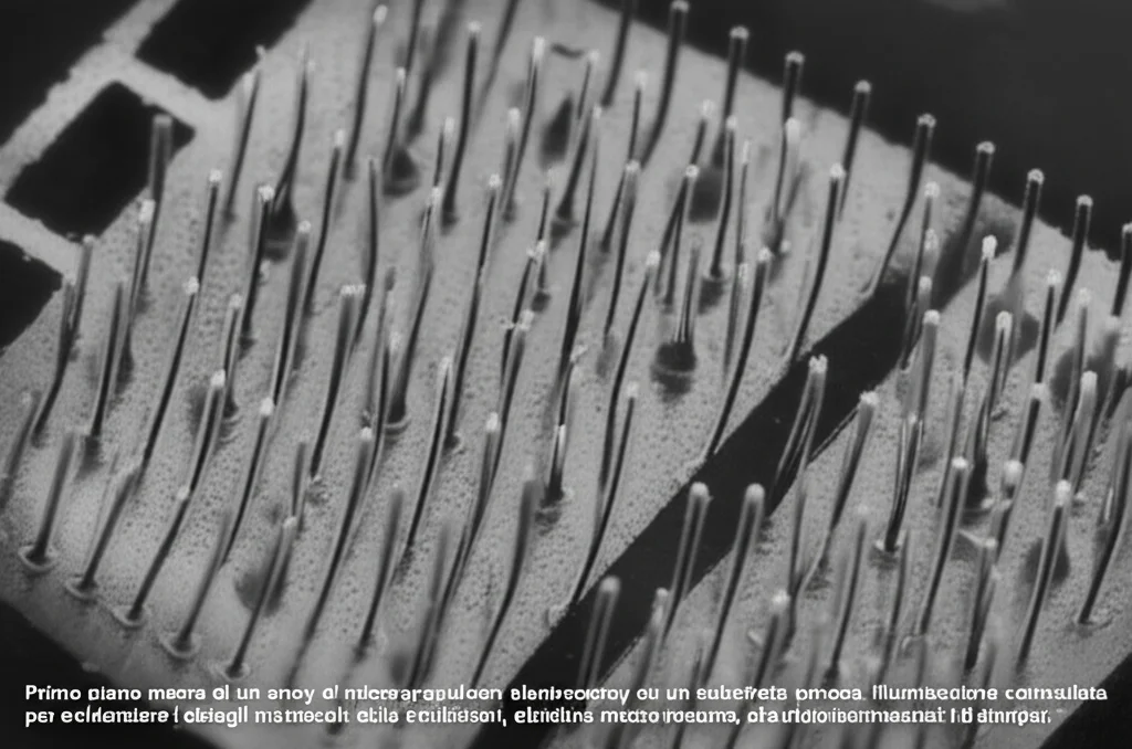 Primo piano macro di un array di micro-propulsori electrospray su un substrato poroso, illuminazione controllata per evidenziare i dettagli minuscoli delle strutture capillari, obiettivo macro 100mm, alta definizione, messa a fuoco precisa.