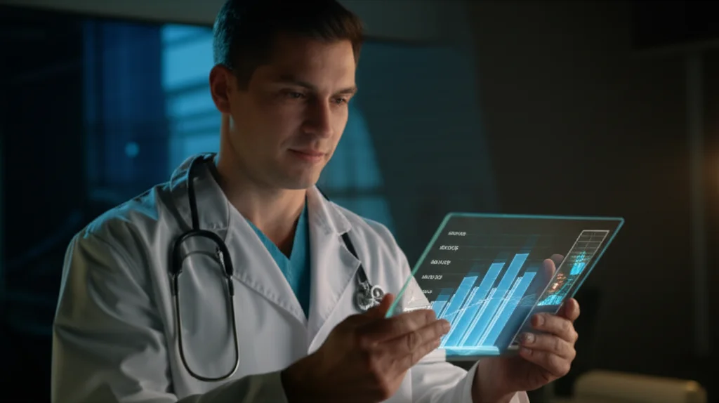 Ritratto ambientato di un medico empatico che esamina dati su un tablet futuristico trasparente, mostrando grafici di sopravvivenza stilizzati, obiettivo 35mm, profondità di campo ridotta per focalizzare sul medico e sul tablet, luce soffusa da studio, rappresentando l'applicazione clinica del modello.