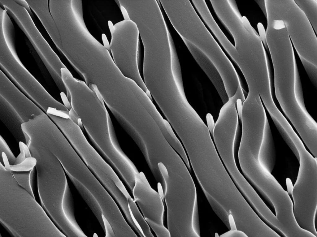 Immagine al microscopio elettronico a scansione (SEM) che mostra strutture capillari in SU-8 fabbricate su vetro poroso, dettagli precisi della microfabbricazione, illuminazione da laboratorio controllata, alta risoluzione.