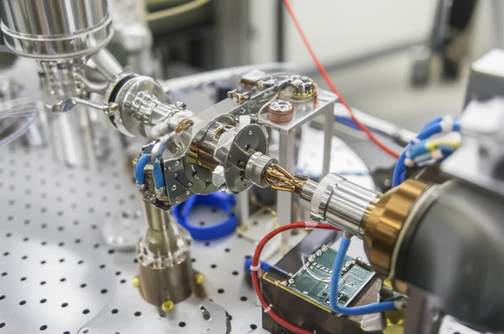 Interno di una camera a vuoto con un prototipo di propulsore electrospray montato su un supporto, elettrodi visibili, messa a fuoco precisa sui componenti del test, ambiente di laboratorio high-tech.