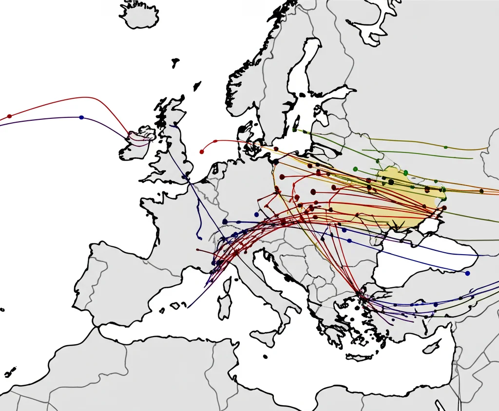 Fotografia macro di un grafico scientifico su schermo, 60mm, alta definizione, che mostra linee di dati sovrapposte a una mappa stilizzata dell'Europa, con alcune linee (ibride) più vicine a una linea target (osservazioni) rispetto a un'altra (modello base E-HYPE).