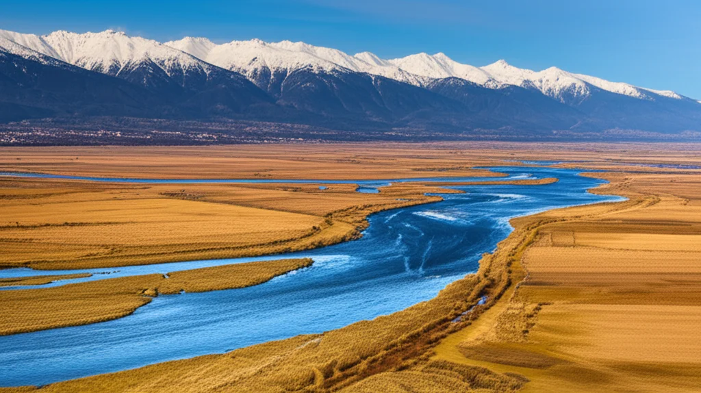 Paesaggio grandangolare, 15mm, messa a fuoco nitida, che mostra un fiume che scorre attraverso diversi tipi di terreno, da montagne innevate in lontananza a pianure più secche in primo piano, simboleggiando diversi regimi idrologici e condizioni climatiche in Europa.