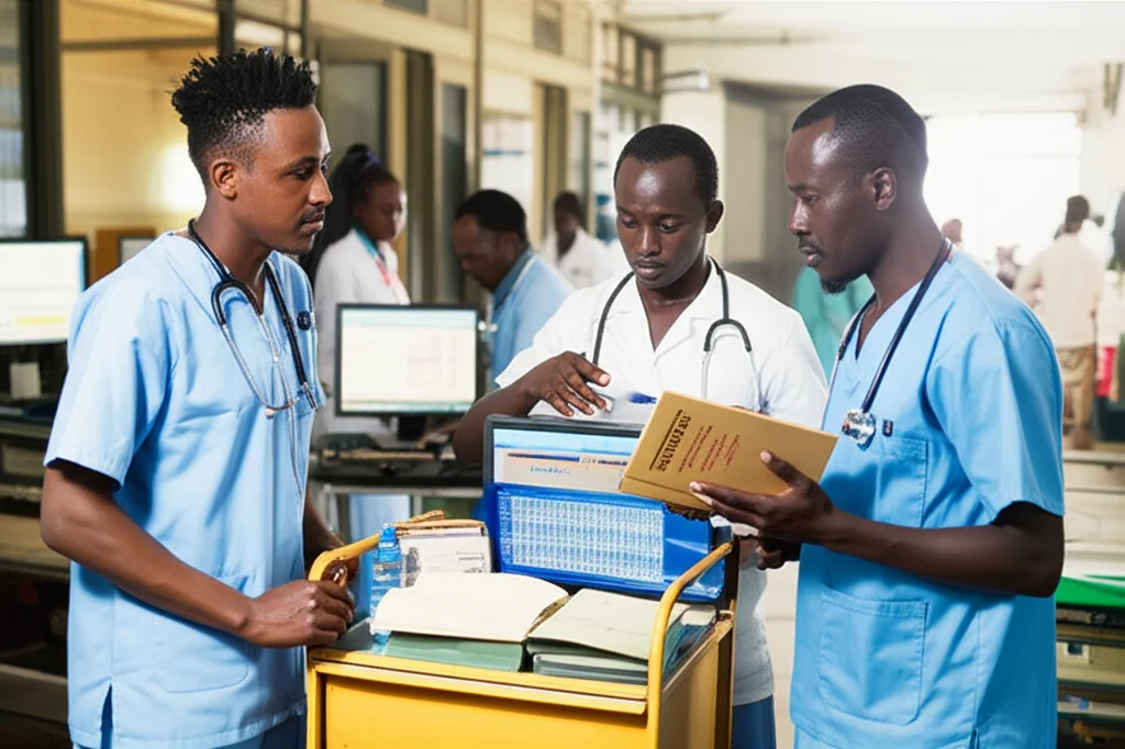 Un gruppo di infermieri etiopi in divisa, in un pronto soccorso affollato ma ordinato, discutono attorno a un carrello medico. Uno di loro tiene in mano un vecchio libro di testo medico, mentre un altro indica uno schermo di computer con dati poco chiari. Obiettivo prime 35mm, luce ambientale mista, profondità di campo che sfoca leggermente lo sfondo caotico.