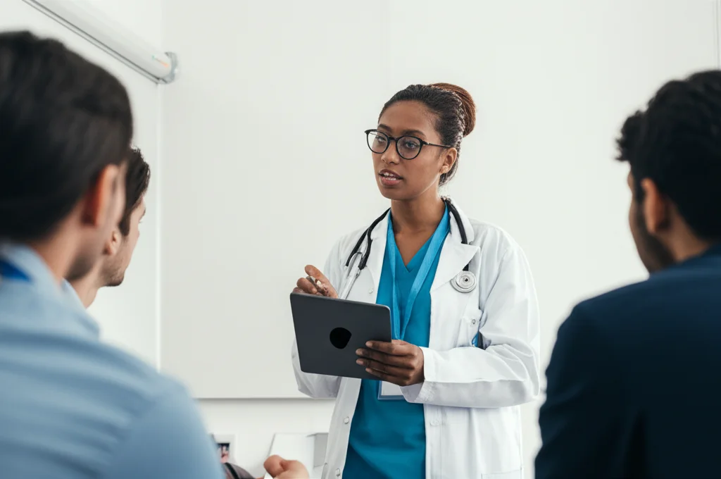 Un'infermiera con un Master, riconoscibile da un badge o un dettaglio sulla divisa, spiega con sicurezza un protocollo basato su evidenze a un gruppo di colleghi più giovani in una sala riunioni ospedaliera. Utilizza un tablet per mostrare grafici. Obiettivo zoom 50mm, focus sull'interazione e l'espressione attenta dei partecipanti, luce artificiale morbida.