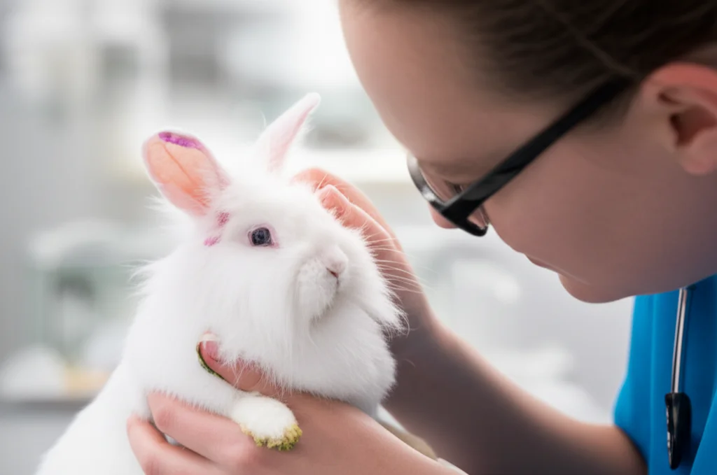 Telephoto zoom, 200mm, Fast shutter speed, movement tracking: A veterinarian gently examining the eye of a New Zealand white rabbit in a controlled laboratory environment, assessing for signs of irritation.