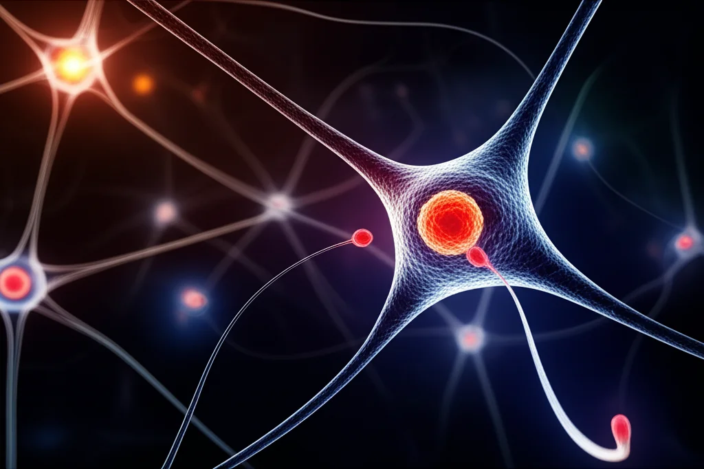 Macro lens, 100mm, high detail, precise focusing, controlled lighting, abstract representation of neurotransmitters interacting with neurons.