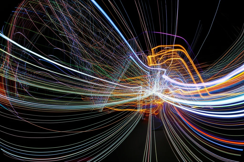 Wide-angle lens, 24mm, sharp focus, long exposure, symbolic representation of brain pathways and connections related to motor control.