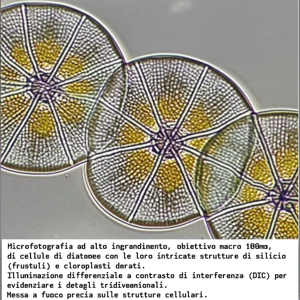 Microfotografia ad alto ingrandimento, obiettivo macro 100mm, di cellule di diatomee con le loro intricate strutture di silicio (frustuli) e cloroplasti dorati. Illuminazione differenziale a contrasto di interferenza (DIC) per evidenziare i dettagli tridimensionali. Messa a fuoco precisa sulle strutture cellulari.