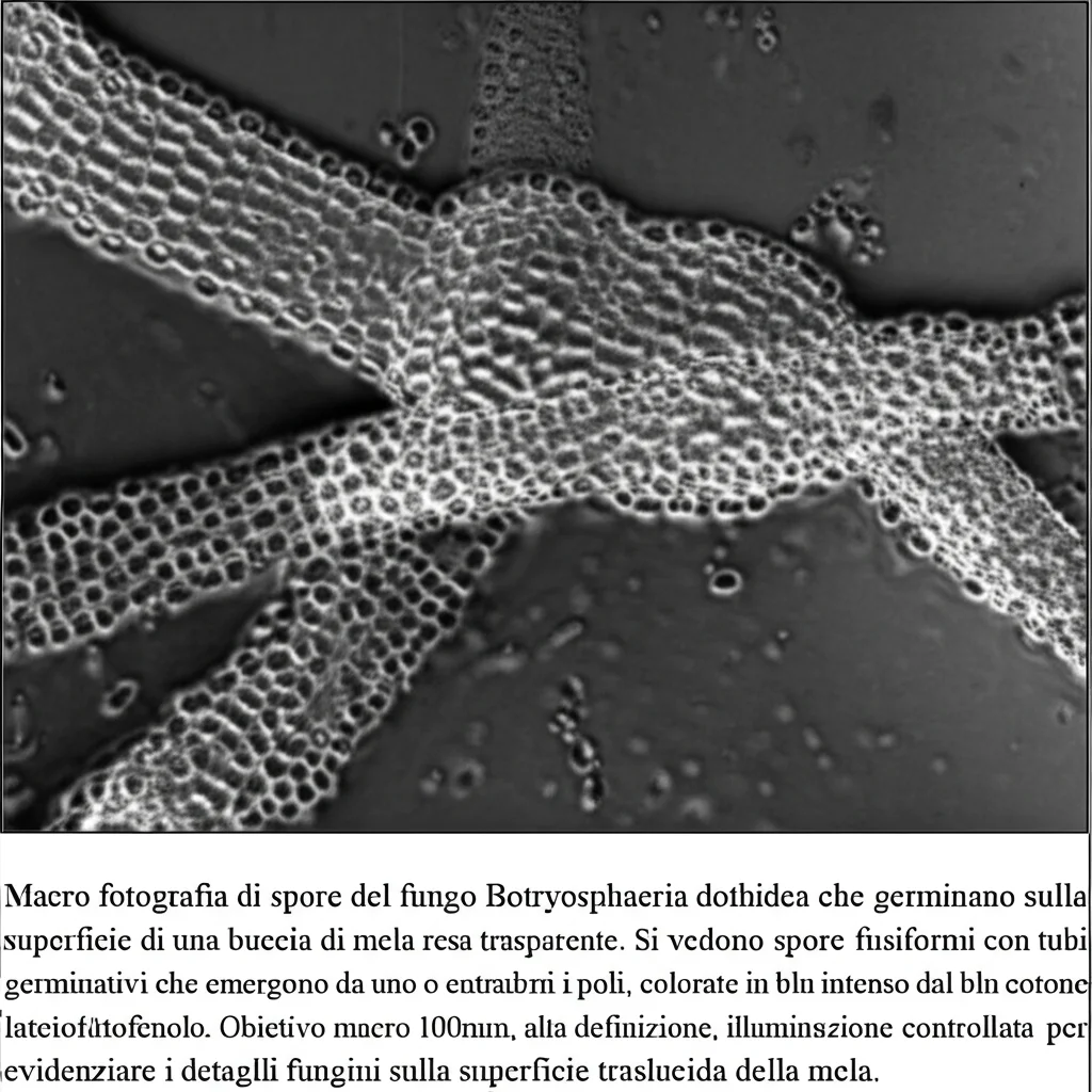 Macro fotografia di spore del fungo Botryosphaeria dothidea che germinano sulla superficie di una buccia di mela resa trasparente. Si vedono spore fusiformi con tubi germinativi che emergono da uno o entrambi i poli, colorate in blu intenso dal blu cotone lattofenolo. Obiettivo macro 100mm, alta definizione, illuminazione controllata per evidenziare i dettagli fungini sulla superficie traslucida della mela.