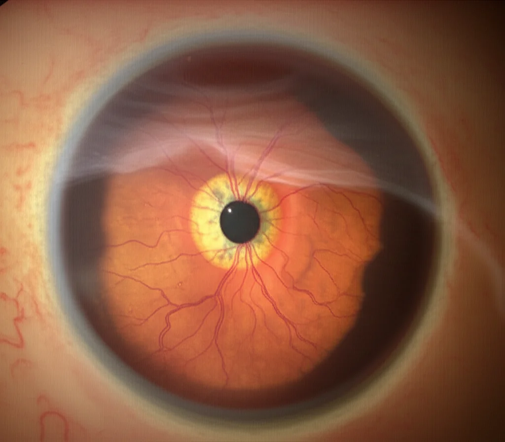 Immagine macro fotorealistica di un modello di occhio umano, sezione trasversale che mostra la macula con drusen indicative di AMD non essudativa e una membrana epiretinica che causa trazione. Obiettivo macro 100mm, alta definizione, illuminazione controllata da studio, stile illustrazione medica.