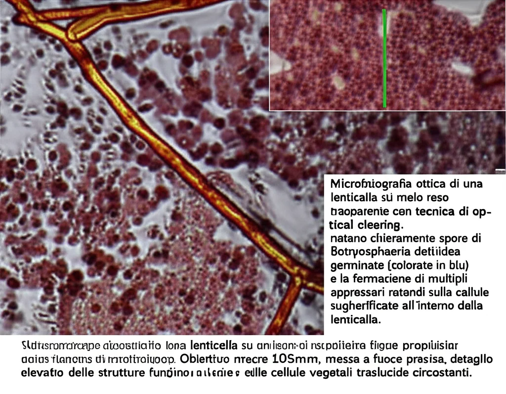 Microfotografia ottica di una lenticella su un rametto di melo reso trasparente con tecnica di optical clearing. Si notano chiaramente spore di Botryosphaeria dothidea germinate (colorate in blu) e la formazione di multipli appressori rotondi sulle cellule sugherificate all'interno della lenticella. Obiettivo macro 105mm, messa a fuoco precisa, dettaglio elevato delle strutture fungine e delle cellule vegetali traslucide circostanti.