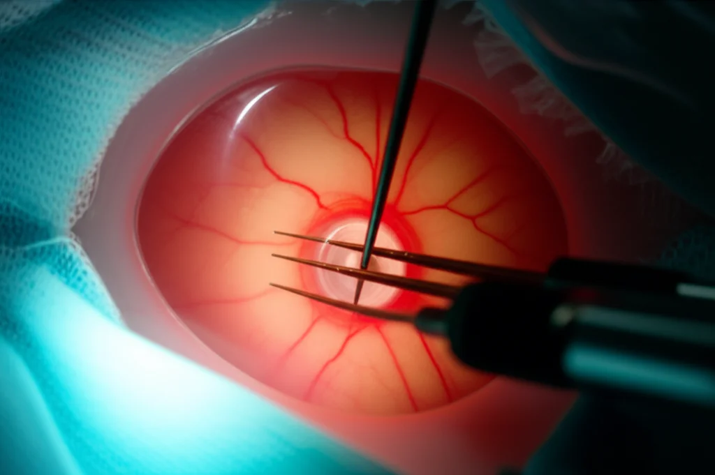 Fotografia realistica di una sala operatoria oculistica durante un intervento di vitrectomia. Primo piano sugli strumenti microchirurgici vicino alla retina, illuminazione chirurgica intensa. Obiettivo 60mm macro, alta definizione, messa a fuoco precisa.