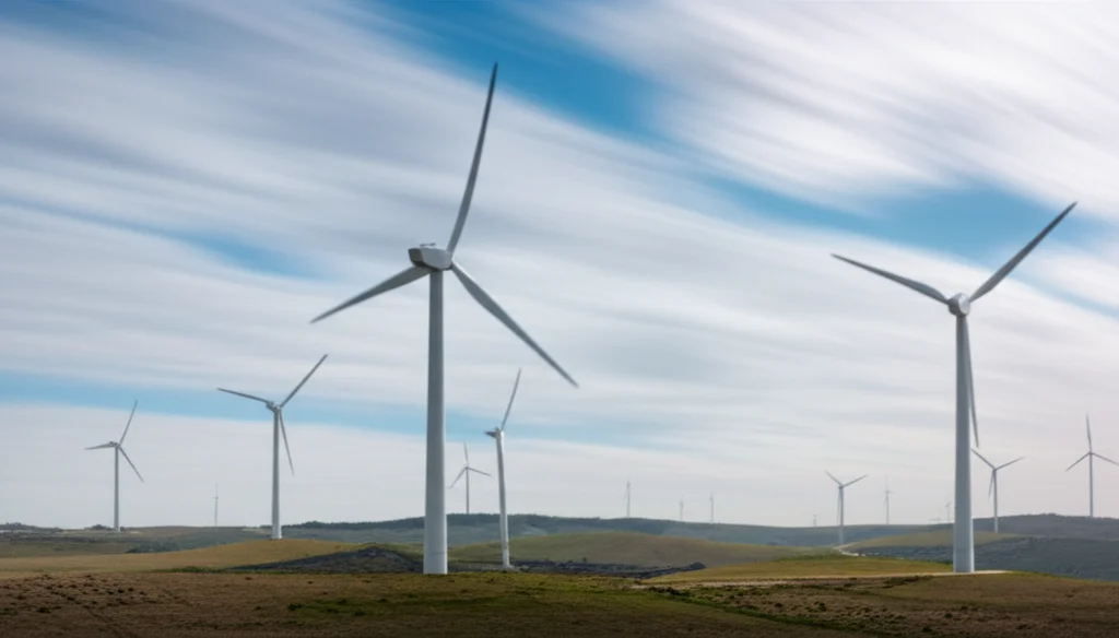 Photorealistic wide-angle landscape of Spain showing modern wind turbines on rolling hills, with a clear sky and soft lighting, long exposure for smooth clouds.
