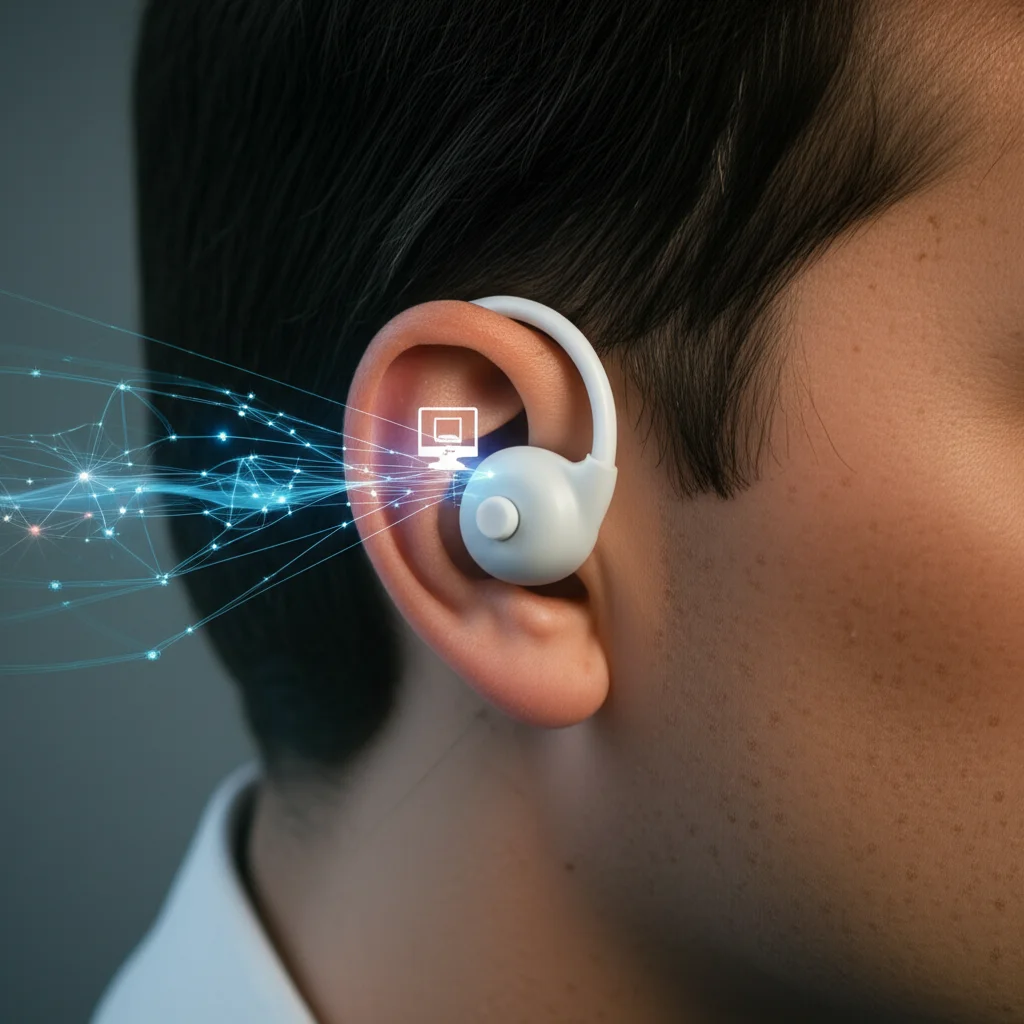 Primo piano di un elettrodo Ear-EEG discreto posizionato sull'orecchio di una persona, con linee neurali stilizzate che si collegano a un'icona di computer. Fotografia macro, 85mm, illuminazione controllata, alta definizione.