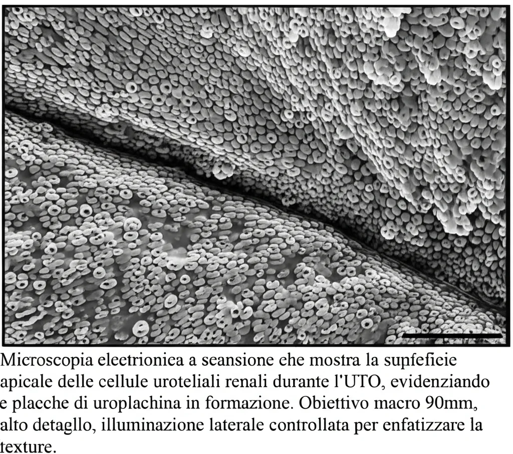Microscopia elettronica a scansione che mostra la superficie apicale delle cellule uroteliali renali durante l'UTO, evidenziando le placche di uroplachina in formazione. Obiettivo macro 90mm, alto dettaglio, illuminazione laterale controllata per enfatizzare la texture.