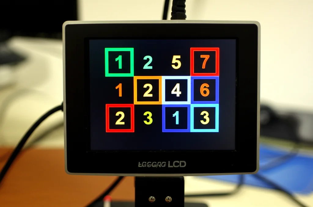 Schermo LCD che mostra quadrati numerati lampeggianti a diverse frequenze per un esperimento SSVEP-BCI. Vista leggermente angolata, 50mm, profondità di campo ridotta per sfocare lo sfondo, colori vivaci.