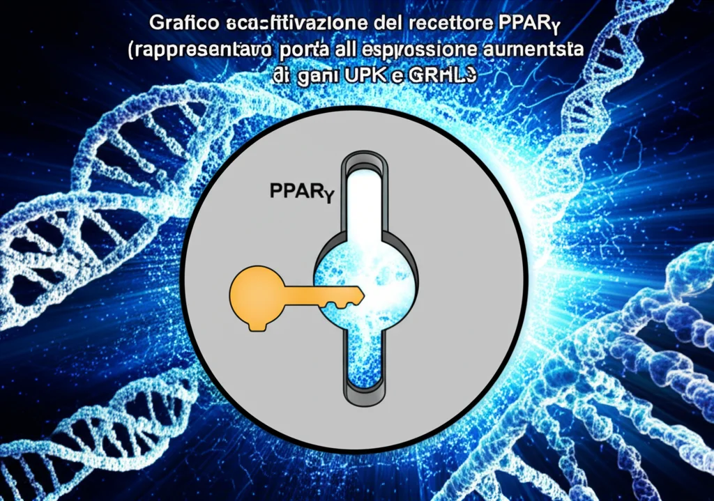 Grafico scientifico stilizzato che mostra l'attivazione del recettore PPARγ (rappresentato come una chiave che entra in una serratura nucleare) che porta all'espressione aumentata di geni UPK e GRHL3. Sfondo astratto con eliche di DNA.