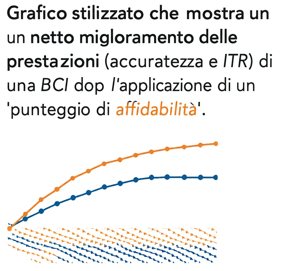 Grafico stilizzato che mostra un netto miglioramento delle prestazioni (accuratezza e ITR) di una BCI dopo l'applicazione di un 'punteggio di affidabilità'. Design pulito, colori contrastanti blu e arancione, duotone.