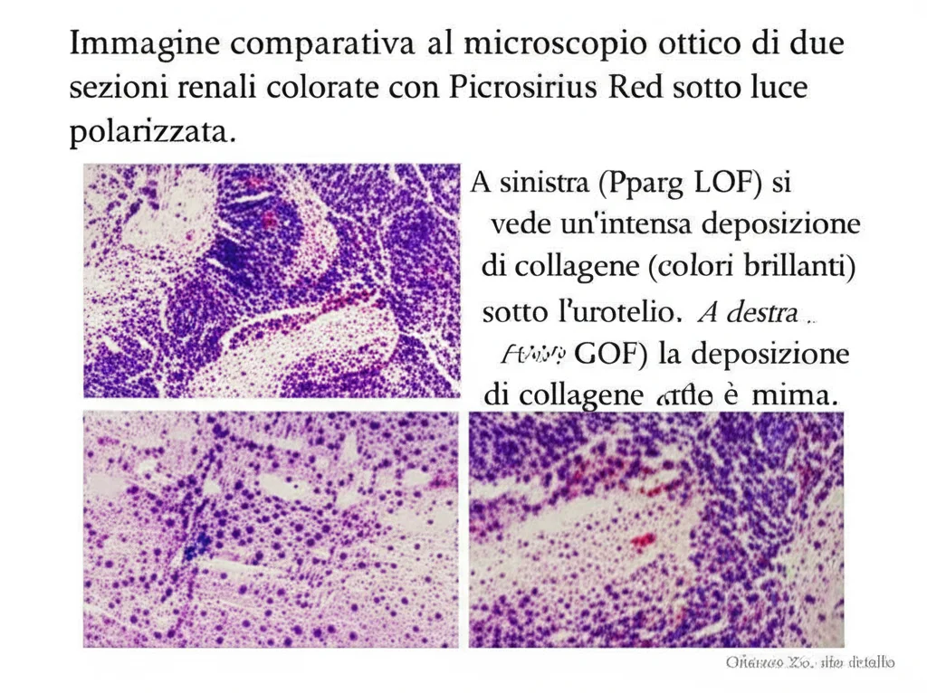Immagine comparativa al microscopio ottico di due sezioni renali colorate con Picrosirius Red sotto luce polarizzata. A sinistra (Pparg LOF) si vede un'intensa deposizione di collagene (colori brillanti) sotto l'urotelio. A destra (Pparg GOF) la deposizione di collagene è minima. Obiettivo 20x, alto dettaglio.