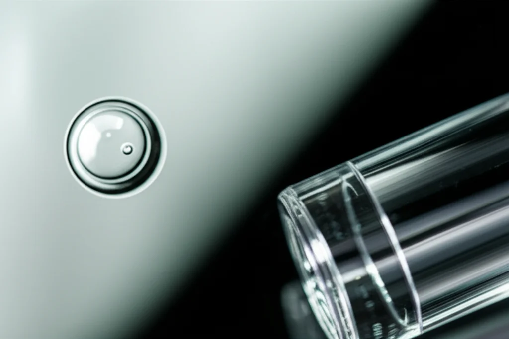 Primo piano macro di gocce di crema solare su una superficie texturizzata, accanto a un pezzo di imballaggio alimentare di plastica trasparente. Illuminazione controllata, alta definizione, lente macro 90mm, per evidenziare la presenza ubiquitaria dei benzofenoni.