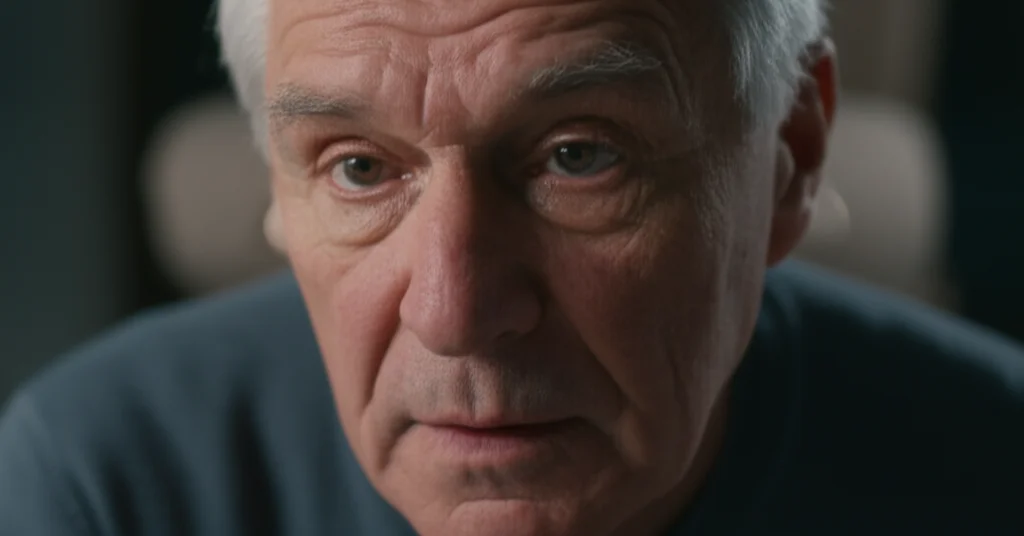 A close-up portrait, 35mm lens, depth of field, showing the face of an older person with COPD looking slightly anxious or hesitant, perhaps sitting on the edge of a chair as if contemplating movement. The background is softly blurred.