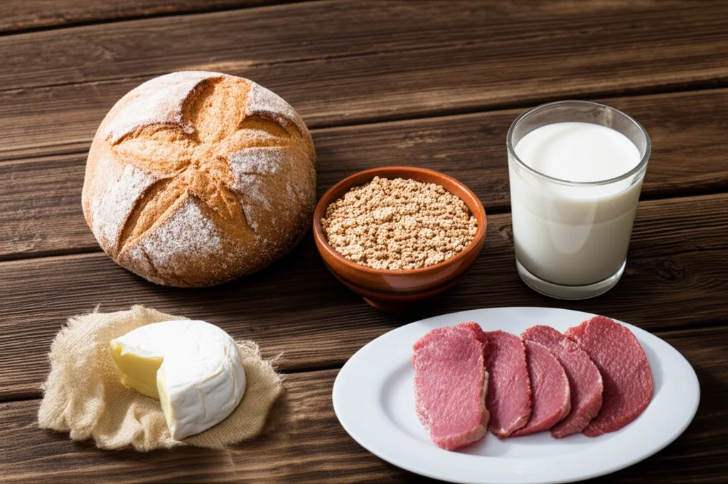 Composizione still life di vari alimenti su un tavolo di legno rustico: una pagnotta di pane integrale, una ciotola di cereali, un bicchiere di latte, un pezzo di formaggio, e un piccolo piatto con carne. Luce naturale laterale, profondità di campo ridotta, lente macro 70mm, per simboleggiare le fonti dietetiche di BP.