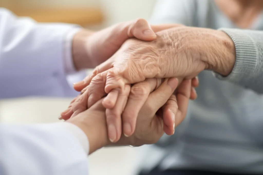 A medium shot, 60mm macro lens, showing a pair of hands, one belonging to a healthcare professional and the other to an older patient with COPD, gently clasped or demonstrating a simple exercise movement. Focus is sharp on the hands, with a blurred background suggesting a clinical or home environment.