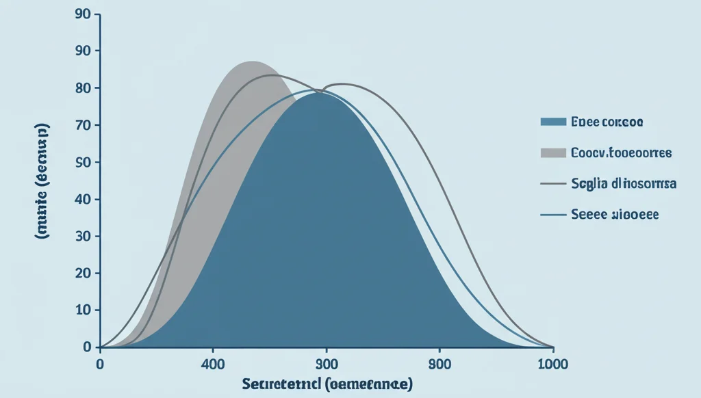 Grafico astratto visualizzato su uno schermo digitale, che mostra curve di distribuzione di probabilità e una linea che rappresenta una soglia di sicurezza (dose di riferimento). Colori dominanti blu e grigio, effetto duotone, per rappresentare l'analisi del rischio dei benzofenoni.