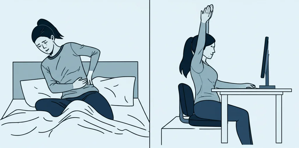 Immagine concettuale, duotone blu e grigio, che mostra da un lato una persona che si riposa a letto con espressione sofferente e dall'altro la stessa persona che svolge con cautela esercizi di stretching leggero o lavora a una scrivania ergonomica.