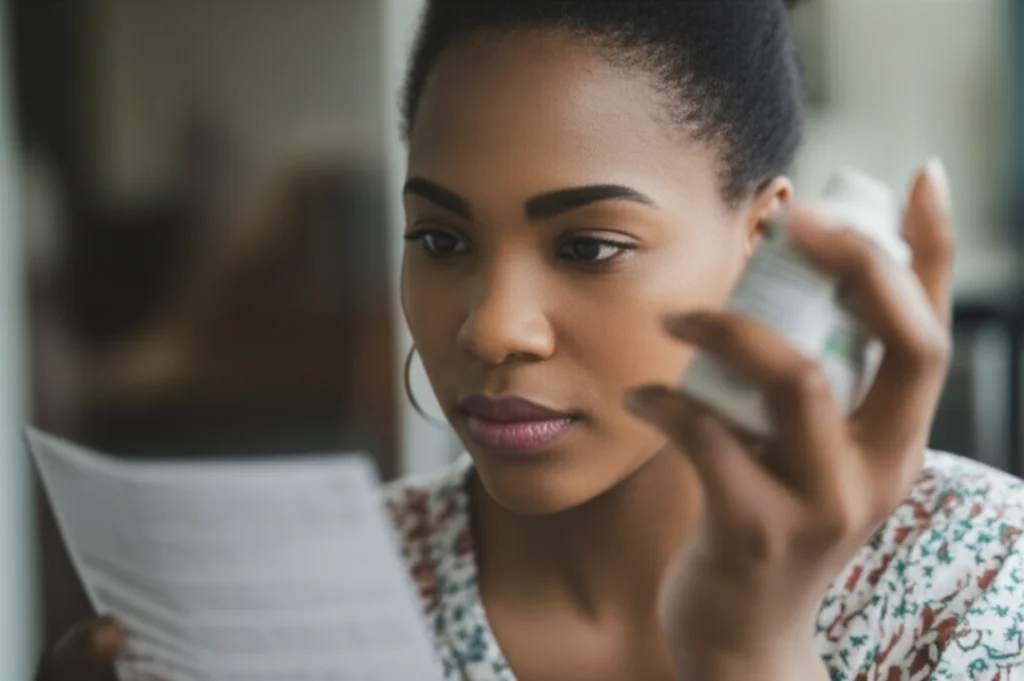 A woman in South Africa looking thoughtfully at a medicine bottle and leaflet, natural lighting, 35mm portrait, depth of field