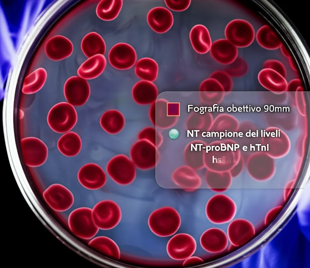 Fotografia macro, obiettivo 90mm, di un campione di sangue in una provetta con focus sui globuli rossi, accanto a un grafico stilizzato che mostra un aumento dei livelli di biomarcatori cardiaci come NT-proBNP e hsTnI, illuminazione da laboratorio controllata, alta definizione.