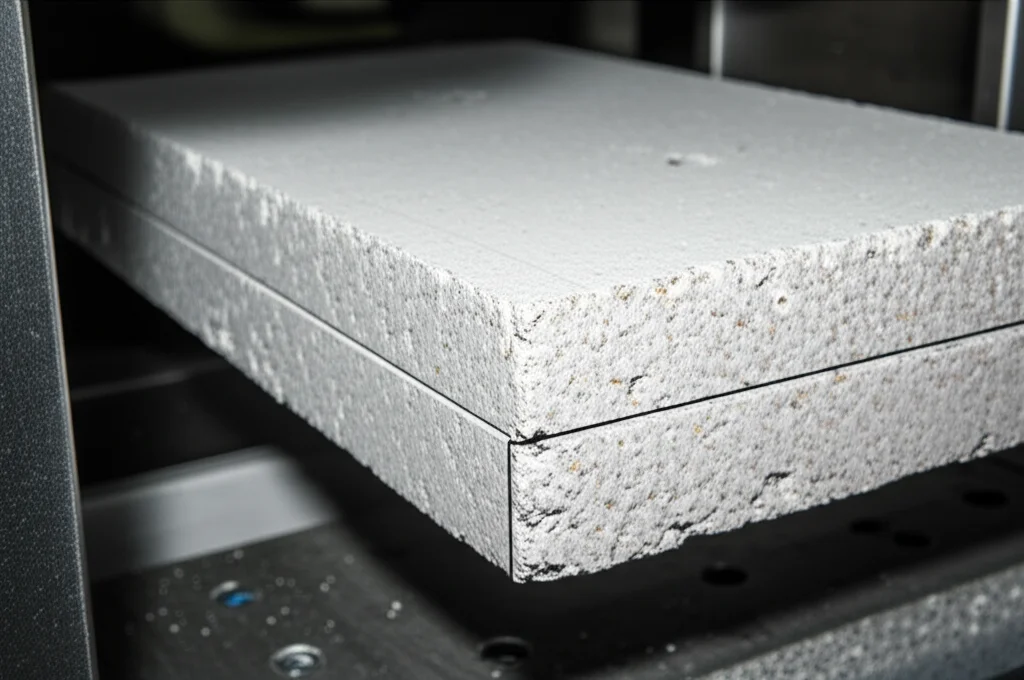 Fotografia macro di un provino di calcestruzzo SCB incrinato in una macchina di prova universale, obiettivo macro 85mm, alta definizione della texture del calcestruzzo e della crepa indotta, illuminazione controllata da laboratorio, messa a fuoco precisa sulla punta della crepa durante il test di frattura in modalità mista.