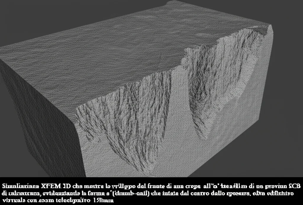 Simulazione XFEM 3D che mostra lo sviluppo del fronte di una crepa all'interno di un provino SCB di calcestruzzo, evidenziando la forma a 'unghia' (thumb-nail) che inizia dal centro dello spessore, obiettivo virtuale con zoom teleobiettivo 150mm, rendering ad alta definizione.