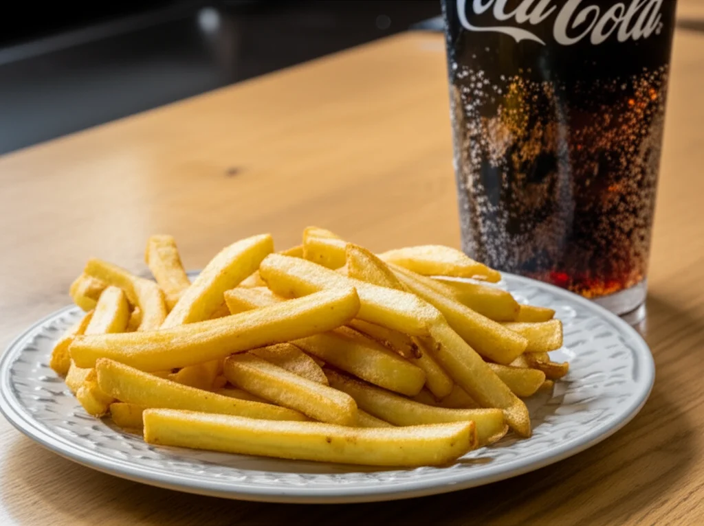 A plate piled high with greasy fries and a sugary soda next to it, shot with a 100mm Macro lens with precise focusing and controlled lighting to highlight the unhealthy details.