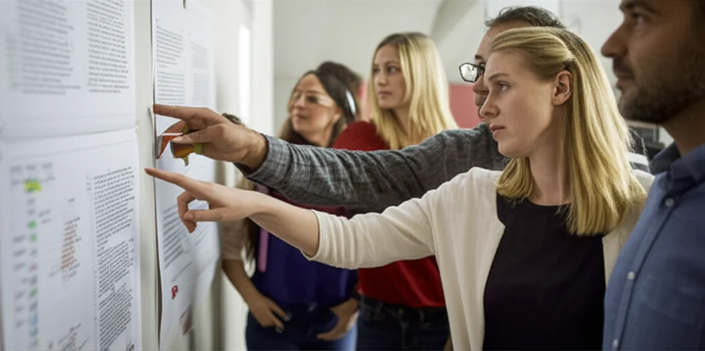 A diverse group of people in a workshop setting, pointing at a large diagram on a wall, suggesting collaboration and problem-solving. Shot with a 35mm portrait lens focusing on the group interaction.