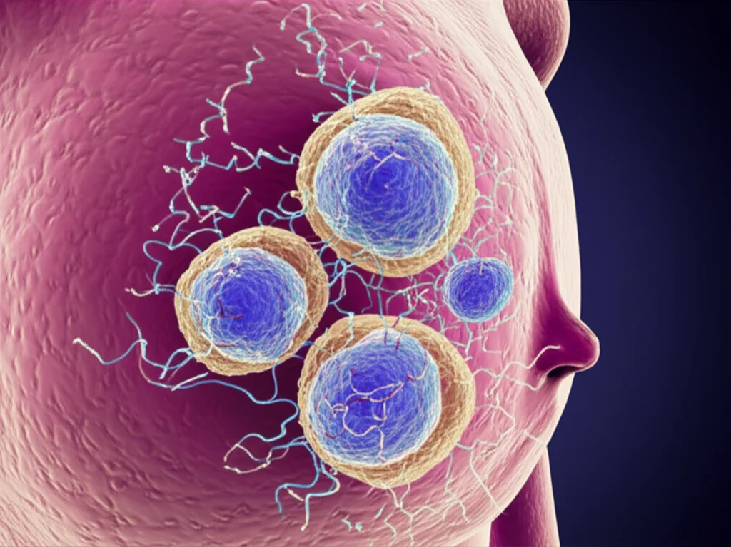 Photorealistic microscopic image showing the intricate network of proteins and RNA molecules involved in packaging specific microRNAs into exosomes within a stylized breast cancer cell. Macro lens, 60mm, high detail, precise focusing, controlled lighting.